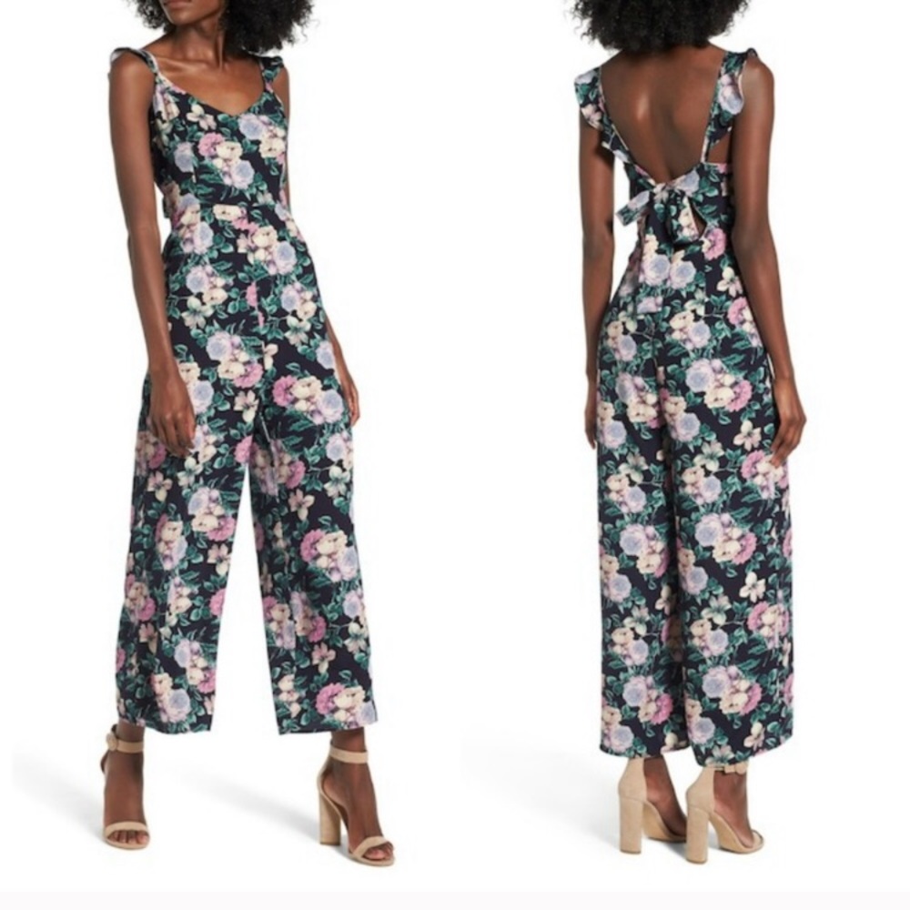 LEITH Floral Ruffle Strap Jumpsuit